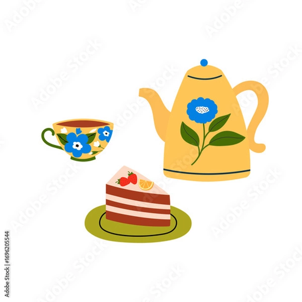Fototapeta Delicious dessert with cream and decorated with fruit. Cut piece of birthday cake, served on plate. Ceramic teapot and mug with tea. Layered cake with chocolate sponge cake and whipped cream. 