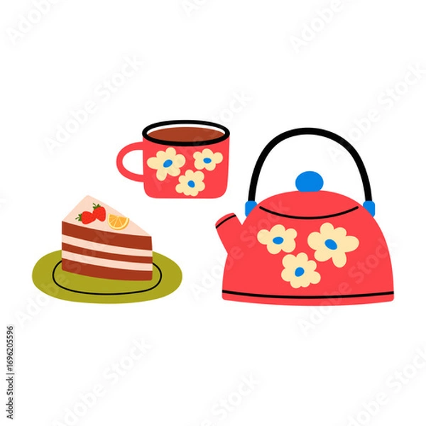 Fototapeta Delicious dessert with cream and decorated with fruit. Cut piece of birthday cake, served on plate. Ceramic teapot and mug with tea. Layered cake with chocolate sponge cake and whipped cream. 