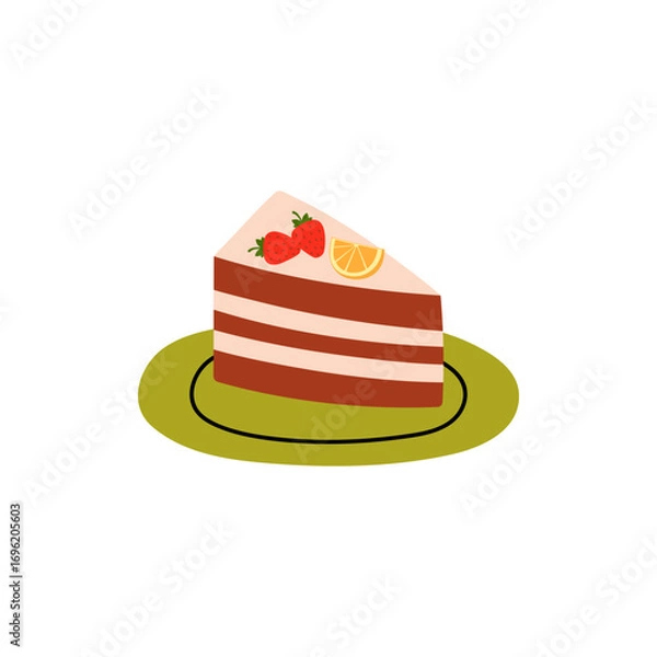 Fototapeta Delicious dessert with cream and decorated with fruit. Cut piece of birthday cake, served on plate. Layered cake with chocolate sponge cake and whipped cream.