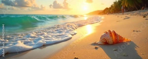 Obraz Golden hour sunlight bathes a pristine beach in summer, waves gently lapping the shore Perfect for travel, vacation, or summer themed projects Seashells, sand, ocean, relaxation , waves, sun