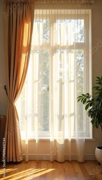 Obraz Elegant sheer window curtains gently billowing in a soft breeze, sunlight filtering through, creating a warm and inviting atmosphere in a modern home interior , minimalist, home, beige