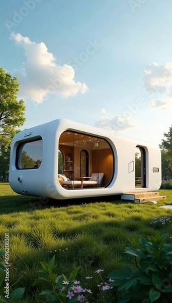 Obraz Futuristic modular home, easily transportable and assembled on-site Sustainable design, sleek lines, modern architecture Ideal for temporary or permanent housing , assembly, building design