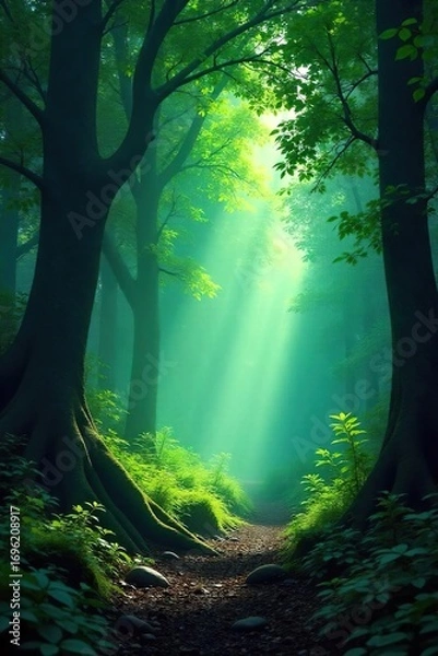 Obraz Deep shadows and dappled sunlight filter through a dense forest canopy, creating a mystical and atmospheric scene Perfect for fantasy or nature-themed projects , landscape, foliage, undergrowth