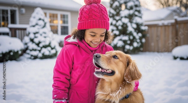 Fototapeta A joyful child in a bright pink coat and hat smiles at her happy golden retriever, both enjoying a beautiful, snowy winter day in their yard.