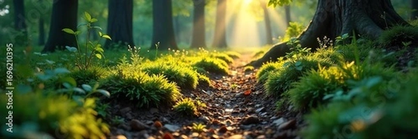 Obraz Enigmatic footprints fade into a mystical, sun-dappled forest floor, hinting at unseen creatures and magical journeys A sense of wonder and mystery pervades the scene , texture, old