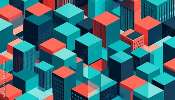 Fototapeta Geometric isometric vector background with stylized floating city blocks and skyscrapers. A futuristic urban scene with clean lines, vibrant colors, and sharp shadows