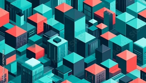 Fototapeta Geometric isometric vector background with stylized floating city blocks and skyscrapers. A futuristic urban scene with clean lines, vibrant colors, and sharp shadows