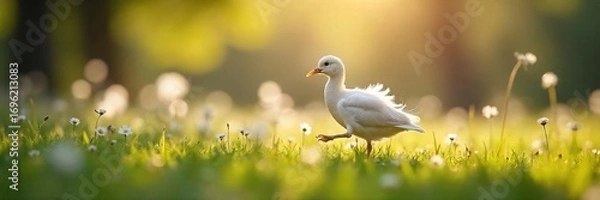 Obraz Soft, downy feathers gently drift downwards against a blurred natural background Sunlight catches their delicate texture, creating a serene and peaceful scene , peaceful, autumn, gentle
