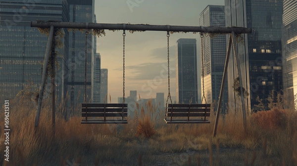 Fototapeta Empty abandoned playground, rusty swings without children