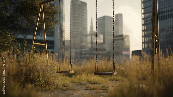 Fototapeta Empty abandoned playground, rusty swings without children