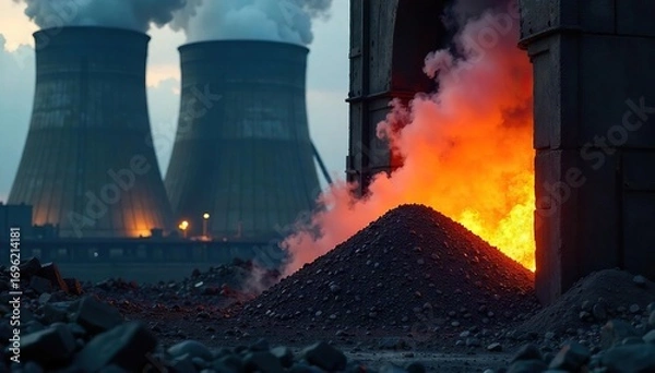 Obraz Grimy coal being shoveled into a massive industrial power plant's furnace, generating electricity Smoke billows from the smokestack against a dark sky , environment, power plant