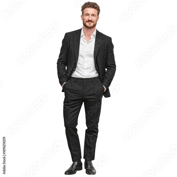 Fototapeta Full length stock photo of confident businessman in a black suit, standing in professional pose against white background, symbolizing leadership, corporate branding, and professional confidence