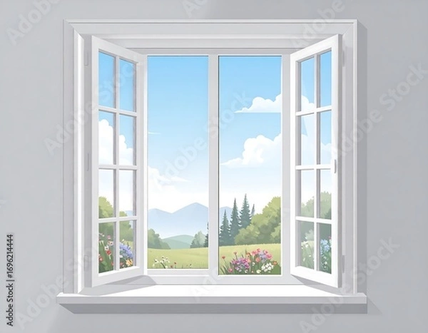 Fototapeta White window on a wall, overlooking a landscape