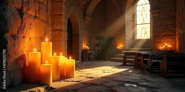 Obraz Glowing church candles casting warm light and shadows on ancient stone walls  A serene and peaceful scene perfect for religious or spiritual themes ,  shadows,  christian