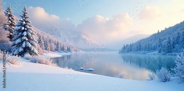 Obraz Serene winter landscape, snow-covered trees and hills under a clear sky  Perfect for winter holiday or nature themes  Frozen lake, peaceful scene, tranquil atmosphere ,  calm,  snowy