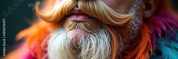 Obraz Whimsical Feather Beard Close-up Macro Shot of a Colorful, Artistically Styled Fantasy Costume Accessory