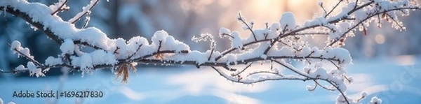 Obraz Frozen branches coated in a thick layer of snow, glistening in the cold winter sunlight A tranquil scene of winter's icy grip on nature's beauty , ice crystals, flake