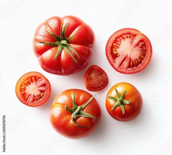 Obraz Fresh, bright, ripe tomatoes, whole and sliced, on a white background, casting gentle shadows, from overhead angle