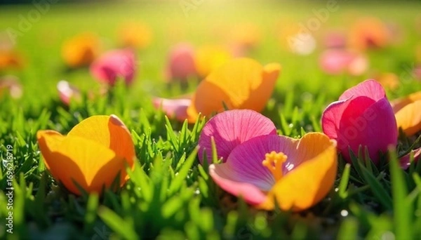 Obraz Close-up of vibrant, colorful petals scattered outdoors on lush green grass, bathed in sunlight A delightful scene of nature's beauty, perfect for spring or summer themes , texture, outdoors