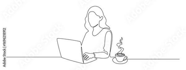 Fototapeta Woman with laptop computer in one continuous line drawing. Symbol of businesswoman and female student in simple linear style. Freelance concept in Editable stroke. Doodle outline vector illustration