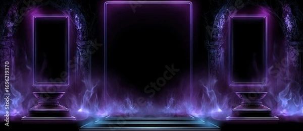 Fototapeta Neon portals and pedestals in a smoky, dark environment, evoking a mysterious and ethereal ambiance