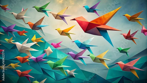 Fototapeta Colorful origami paper birds flying upward symbolic concept of freedom creativity growth and peace abstract geometric design artistic illustration  
