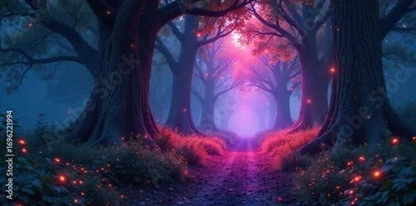 Obraz Ethereal glowing forest path at twilight, mystical light illuminates ancient trees and sparkling flora, magical atmosphere, fantasy landscape , magical background, colors, forest