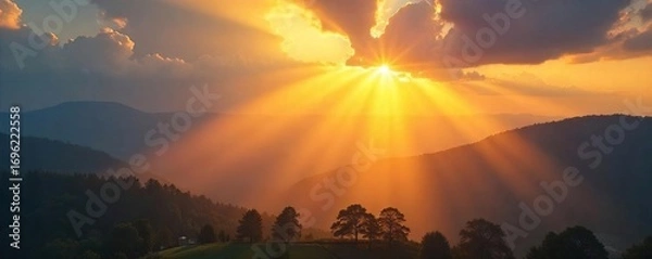 Obraz Golden sunbeams piercing through gaps in clouds, illuminating a serene landscape A breathtaking view of nature's light show , ray, atmosphere