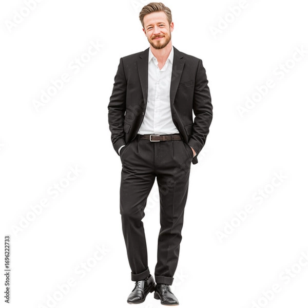 Fototapeta Full body portrait of a confident young businessman in a modern tailored black suit standing on white background for corporate branding and professional stock photography use