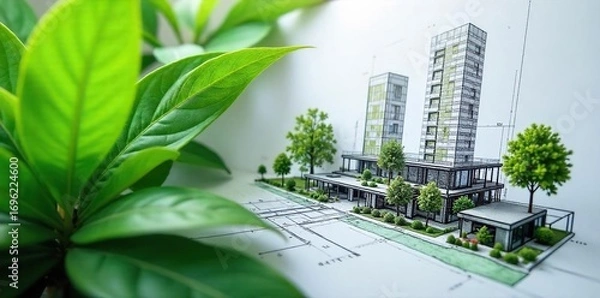 Obraz Close-up view of architectural plans meticulously drawn on a lush green plant, symbolizing sustainable building design and nature's influence on architecture , plant-based design, drawing