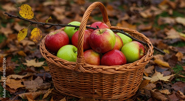 Fototapeta Wicker Basket of Fresh Red and Green Apples on Autumn Leaf-Covered Ground