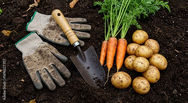 Fototapeta Rustic Garden Scene with Root Vegetables and Hand Tools After Harvest