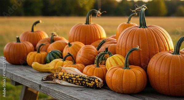 Fototapeta Colorful Fall Arrangement Featuring Pumpkins, Multicolored Corn, and Rural Backdrop
