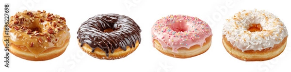 Fototapeta Assorted donuts caramel chocolate pink sprinkles coconut on transparent background