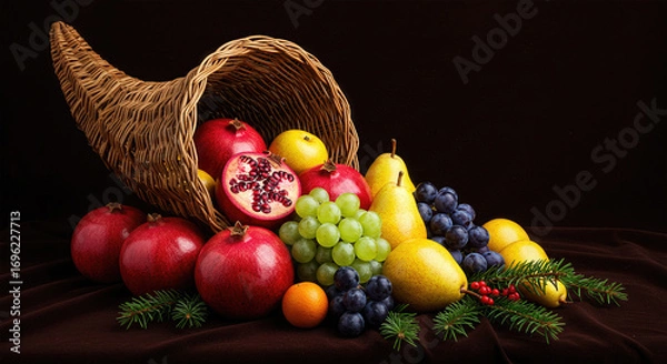 Fototapeta Woven Horn of Plenty Overflowing with Colorful Fruits and Evergreen Sprigs – Festive Fall Display of Natural Richness