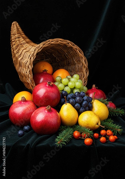 Fototapeta Cornucopia Filled with Pomegranates, Grapes, Pears, and Oranges Against Dark Background – Symbol of Autumn Abundance