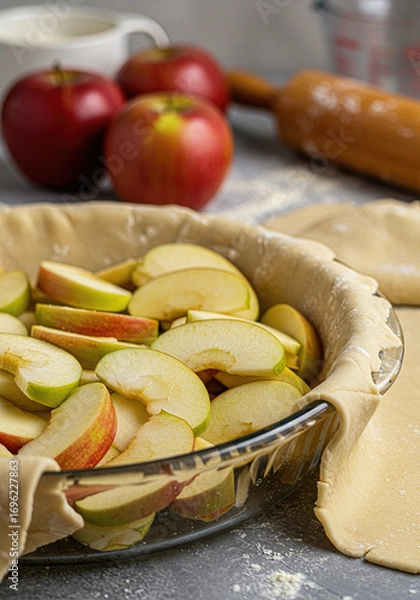 Fototapeta Apple Pie Preparation Scene with Sliced Fruit, Pie Crust, and Traditional Baking Tools on Floured Surface