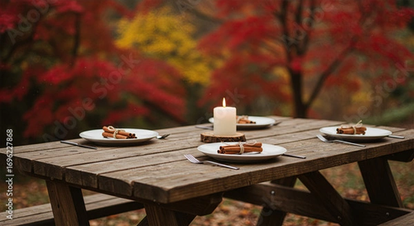 Fototapeta Autumn Picnic Table with Candlelit Centerpiece and Pie Servings Surrounded by Vibrant Fall Foliage