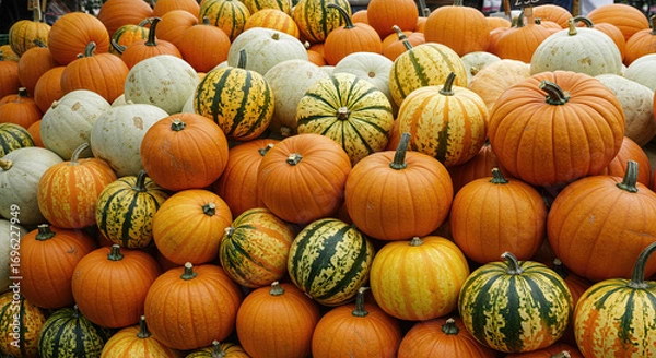 Fototapeta Colorful Collection of Pumpkins and Gourds Arranged in Layers – Rustic Autumn Celebration Setting