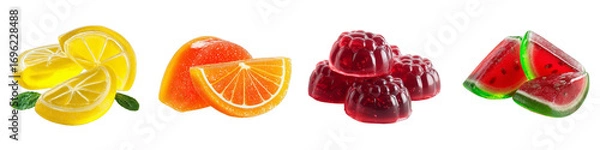 Fototapeta Colorful gummy candies lemon orange raspberry watermelon slices on transparent background