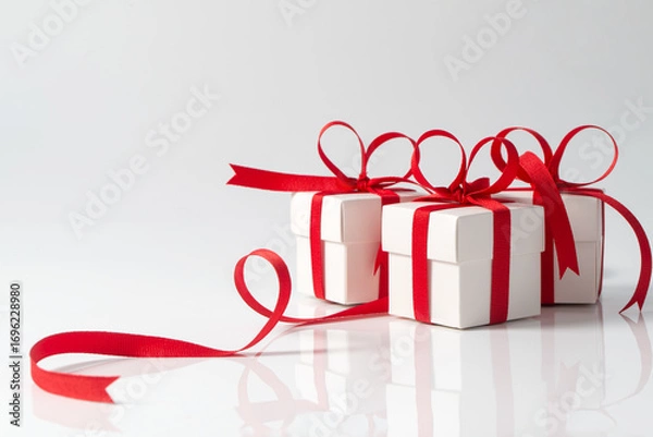 Fototapeta Three festive white gift boxes with red ribbon