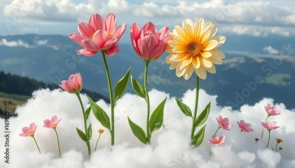Fototapeta Colorful spring flowers blooming above clouds with scenic sky