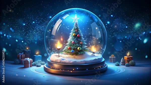 Fototapeta Luxury holiday card design with glowing snow globe vector illustration on white background  