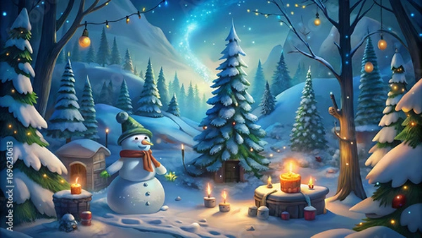 Fototapeta Magical christmas scene with snowman pine forest vector illustration on white background  