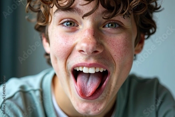 Fototapeta Grinning Young Man Showing Off Gap from Missing Tooth in Selfie