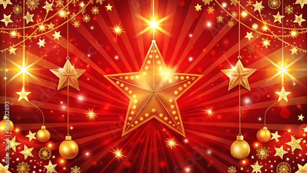 Fototapeta Retro red christmas background with golden stars vector illustration on white background  