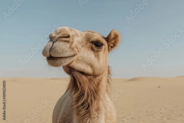 Fototapeta A vertical photo of an adorable camel in a desert landscape