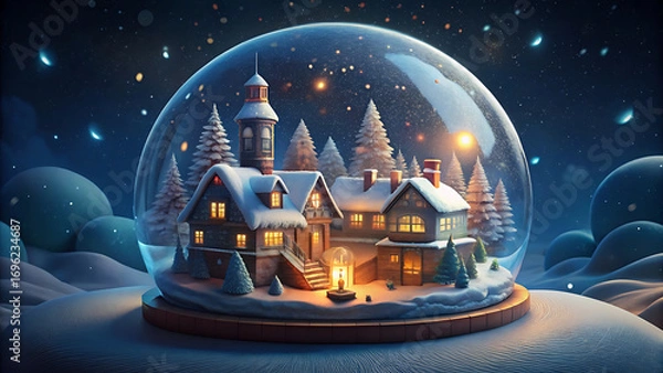 Fototapeta Whimsical snow globe illustration with tiny festive lights vector illustration on white background  