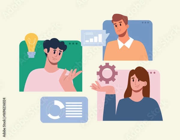 Fototapeta Startup business. Online meeting of a young team working together on a project. Social media banner, business presentation, marketing material concept. Flat vector illustration.