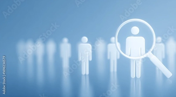 Fototapeta White figurines in a row, with one highlighted by a magnifying glass, against a light blue background